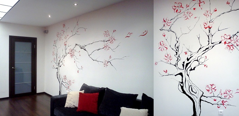 „Sakura“ – Acrylwandgemälde Wandgemälde mit Kirschblüten in Rot und Schwarz, minimalistisch.