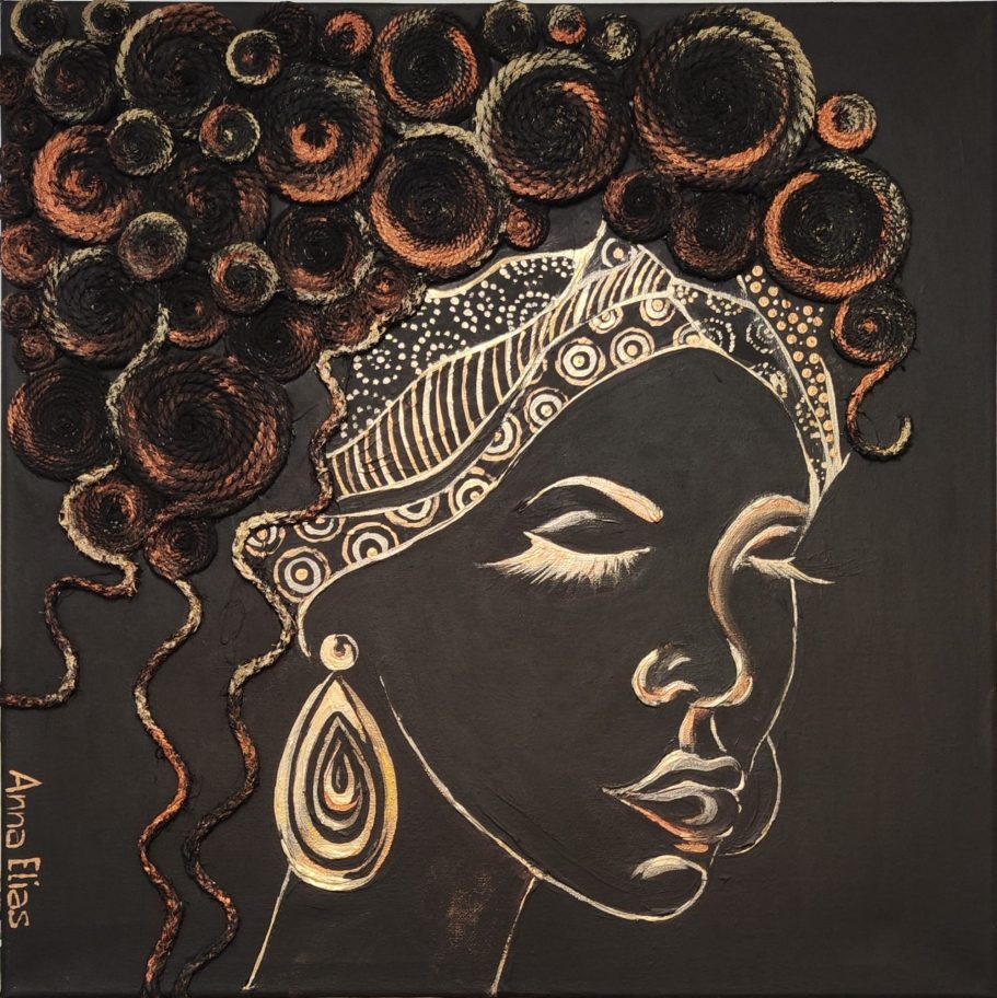 „Afrikanische Schönheit“ – Acrylgemälde mit Struktur Porträt einer afrikanischen Frau, gemalt in Acryl und mit Seil gestaltet.