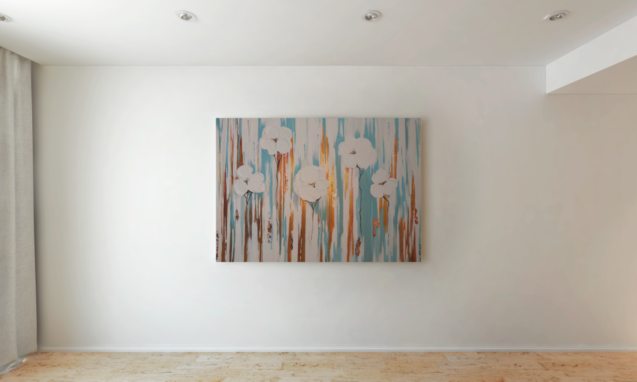 „Abstrakte Blumen“ – Acryl und Blattgold Abstraktes Acrylgemälde in Türkis und Gold mit glänzenden Akzenten.