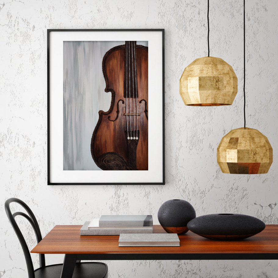 „Klang der Seele“ – Acrylgemälde mit Seilstruktur Acrylgemälde einer halb dargestellten Geige mit Seilelementen auf strukturiertem Hintergrund.