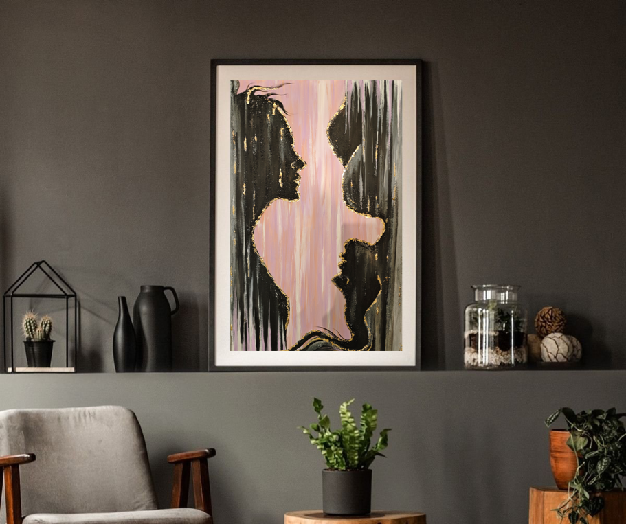 „Im Dialog“ – Mixed-Media-Gemälde von Anna Elias Acrylgemälde mit zwei gegenüberstehenden Silhouetten, eine davon kopfüber, verbunden durch eine goldene Linie.