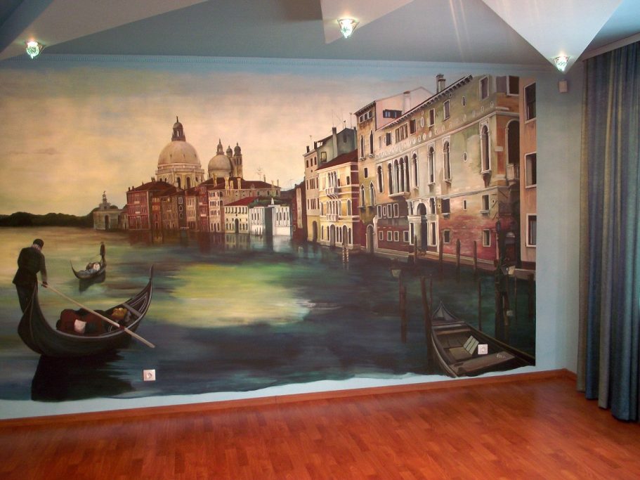 „Venedig“ – Acrylwandgemälde Acrylwandgemälde mit venezianischen Häusern, Wasser und Gondeln.