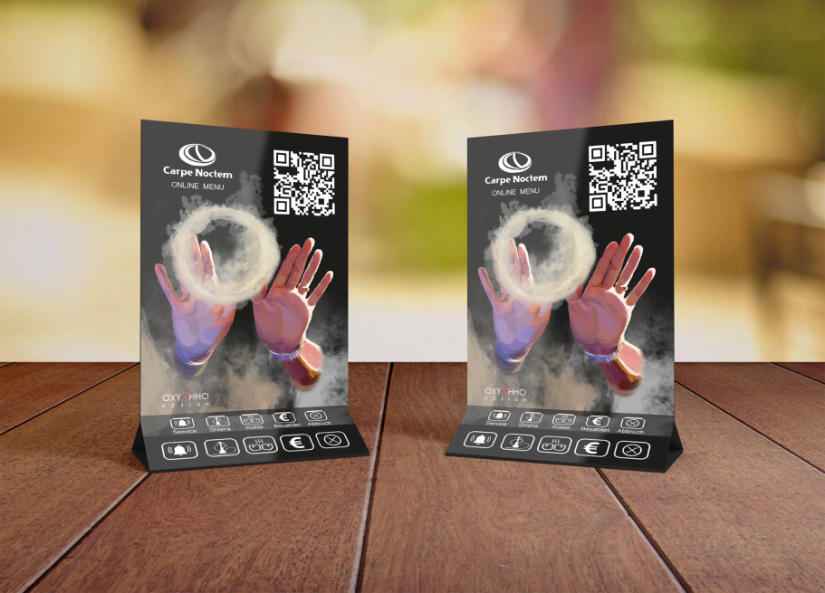 Tischbanner für Bar – Illustration und Design von Anna Elias Künstlerisch gestalteter Tischbanner für eine Bar mit Illustration von Händen und Rauch, gezeichnet von Anna Elias.